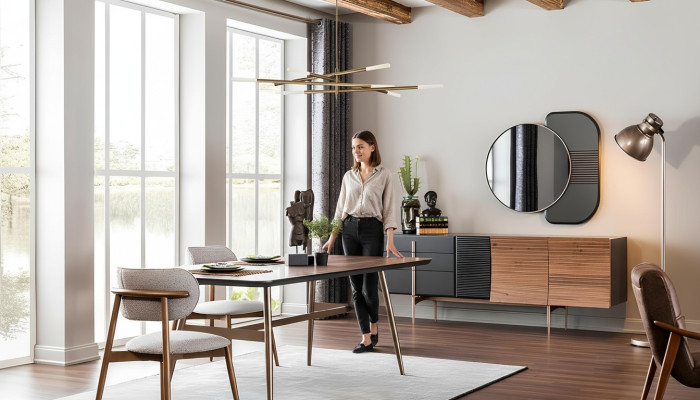 Mobile contenitore di lusso con specchio, credenza, mobile basso. Nuovissimo set di mobili da sala da pranzo.