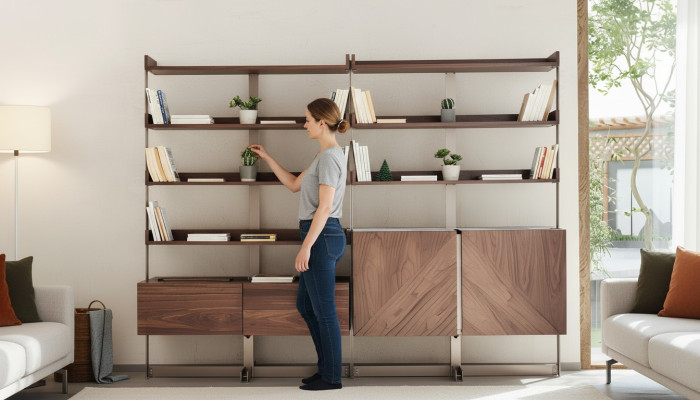 Moderno mobile soggiorno vetrina in legno vero marrone scaffale libreria.
