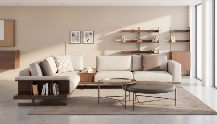 Moderni divani angolari beige di lusso a forma di L in tessuto per il soggiorno.