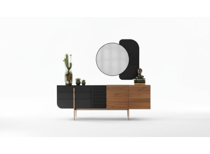 Tavolo da pranzo, gruppo di sedie da pranzo, sedie da pranzo, credenza, set da 7 pezzi in marmo nero.