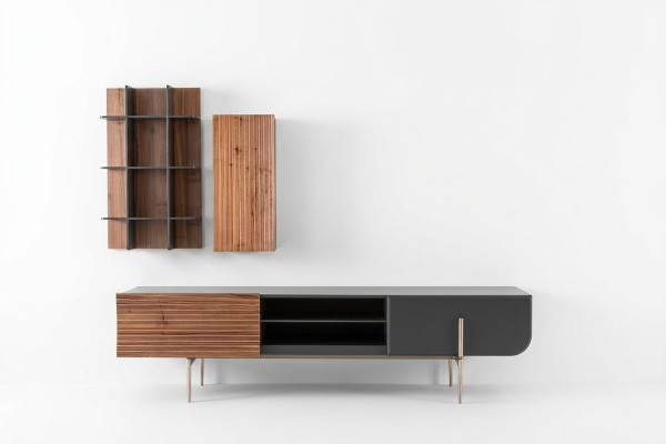 Mobile porta TV rtv con ripiani, credenza in legno moderna marrone per soggiorno.