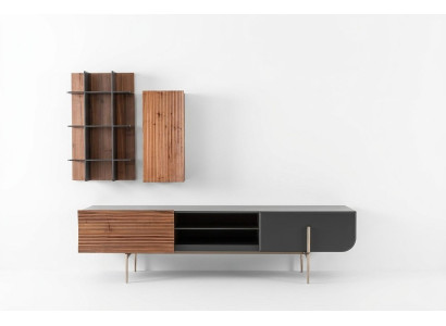 Mobile porta TV rtv con ripiani, credenza in legno moderna marrone per soggiorno.