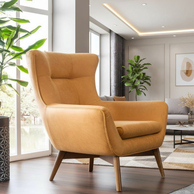 Poltrona Poltrona con le Alte Orecchie a Guscio Poltrona da Cocktail Posti a Sedere Design Moderno Ecopelle Gialla