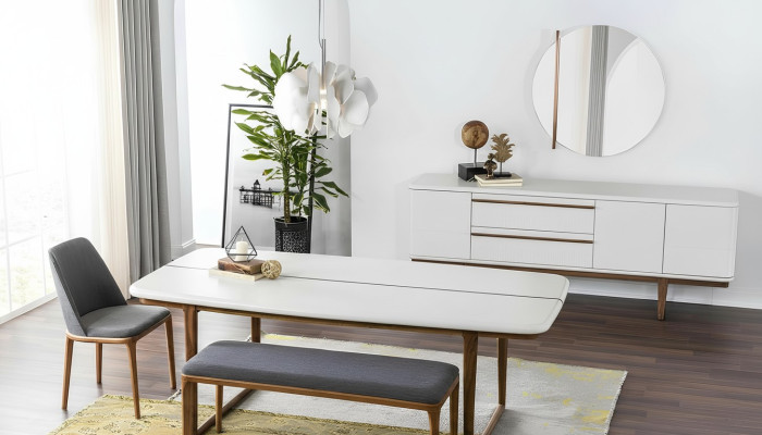 Angolo pranzo Gruppo di sedie Sala da pranzo Tavolo Sedie Credenza 10 pezzi Legno Bianco