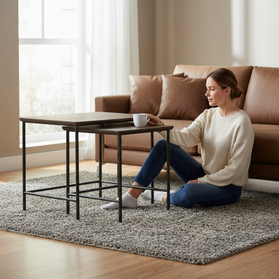 Tavolini da caffè di lusso moderni in legno, set completo marrone, nuovo.
