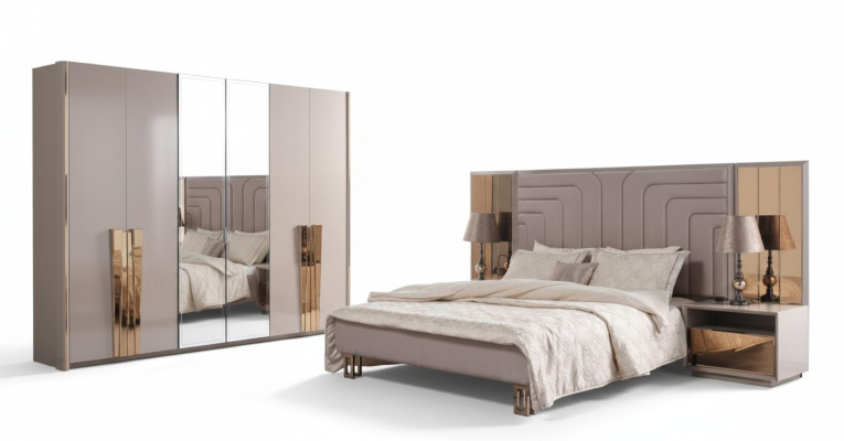 Impostare camera da letto moderna di lusso in legno beige per letto matrimoniale 3 pezzi.