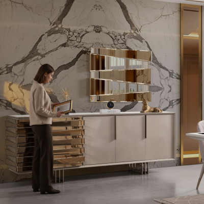 Tavolino credenza mobile in legno beige e oro lussuoso soggiorno.