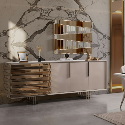 Tavolino credenza mobile in legno beige e oro lussuoso soggiorno.
