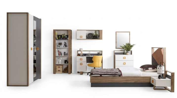 Set di mobili per bambini, letto per bambini, camera da letto per bambini, letto in legno grigio, 9 pezzi.