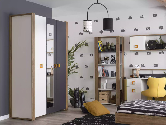 Set da camera per bambini con letto, cornice del letto, scrivania grigia in legno 5 pezzi.