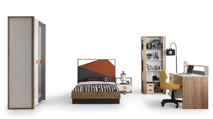 Set da camera per bambini con letto, cornice del letto, scrivania grigia in legno 5 pezzi.