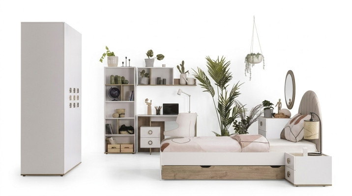 Letto per bambini completo, mobili per bambini, camera dei bambini, letto in legno bianco, set di 8 pezzi.