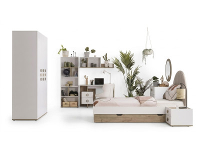 Letto per bambini completo, mobili per bambini, camera dei bambini, letto in legno bianco, set di 8 pezzi.