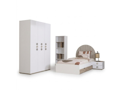 Set di mobili per ragazzi in camera da letto, comodino, letto in legno bianco, 4 pezzi.