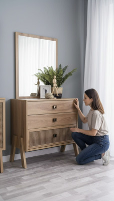 Comò completo con specchio in legno marrone 2 pezzi armadio per la cameretta.