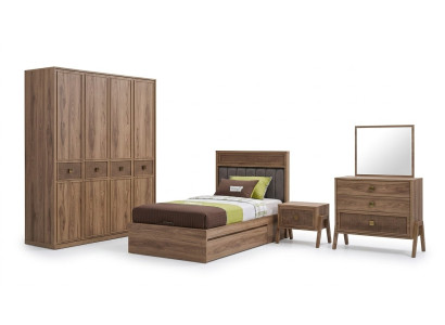 Letto in legno con contenitore completo, letto per giovani in legno marrone, set completo di 4 pezzi.