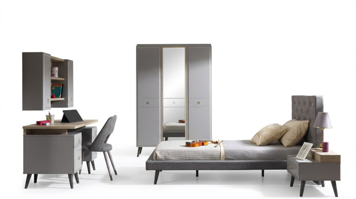 Letto per bambini completo in legno grigio per la camera dei bambini, set 5 pezzi