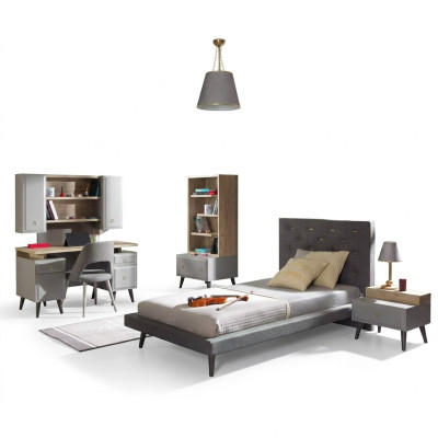 Letto per bambini completo, arredamento per bambini, letto in legno grigio per camera dei bambini, set 5 pezzi.