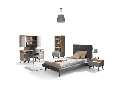 Letto per bambini completo, arredamento per bambini, letto in legno grigio per camera dei bambini, set 5 pezzi.