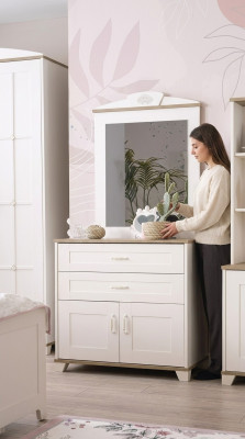 Set di comò con specchio, armadio in legno bianco, design di comodini