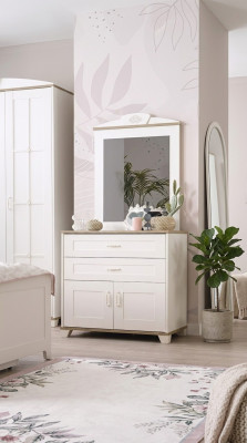 Set di comò con specchio, armadio in legno bianco, design di comodini