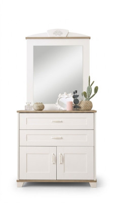 Set di comò con specchio, armadio in legno bianco, design di comodini