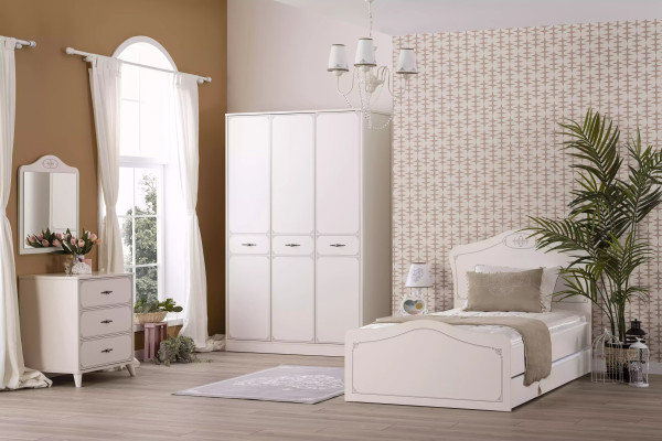 Gruppo cassettiera con armadio specchio in legno credenza bianca di lusso