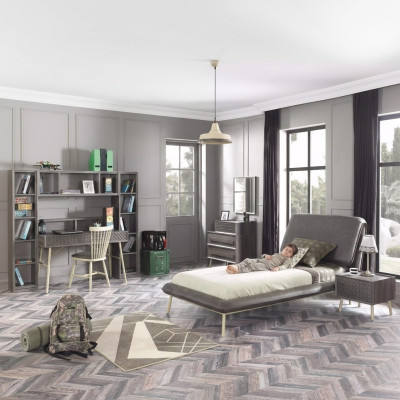 Telaio del letto per bambini completo in legno grigio per la camera dei ragazzi a 7 pezzi