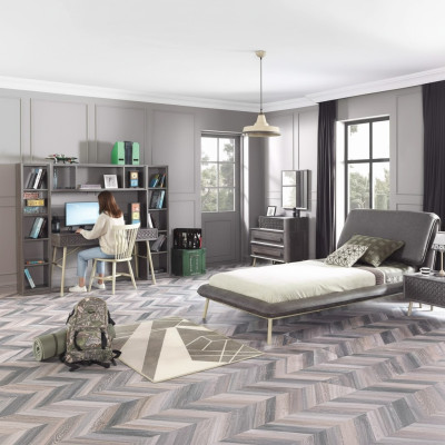 Camera da letto per bambini, letto per ragazzi, struttura letto, set letto 7 pezzi in legno grigio.