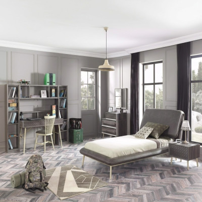 Camera da letto per bambini, letto per ragazzi, struttura letto, set letto 7 pezzi in legno grigio.