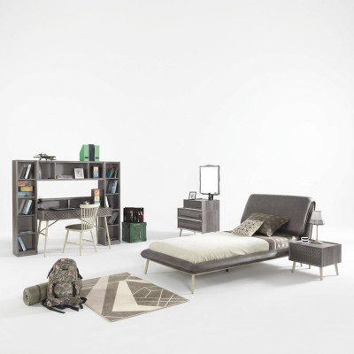 Camera da letto per bambini, letto per ragazzi, struttura letto, set letto 7 pezzi in legno grigio.