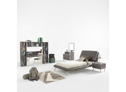 Camera da letto per bambini, letto per ragazzi, struttura letto, set letto 7 pezzi in legno grigio.