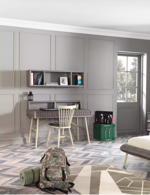 Set scrivania per computer 3 pezzi con scaffale in legno grigio.
