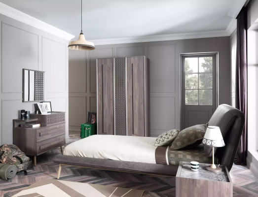 Letto completo per ragazzi, mobili per bambini, camera da letto per bambini, letto in legno grigio, set da 5 pezzi