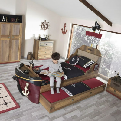 Composizione Pirata Struttura Letto Giovanile in Legno Marrone Set da 3 pezzi Camera dei bambini