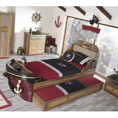 Composizione Pirata Struttura Letto Giovanile in Legno Marrone Set da 3 pezzi Camera dei bambini