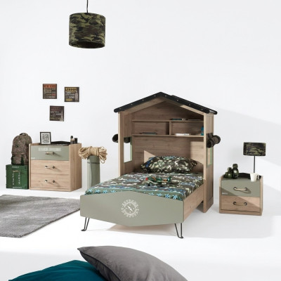 Set di tre pezzi di legno verde per il letto dei bambini per la camera dei bambini.