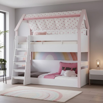 Letto a castello per bambini - Struttura letto a soppalco in legno rosa.
