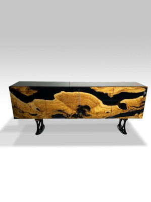 Mobiletto credenza in resina epossidica marrone, in legno per soggiorno.
