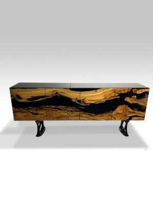 Mobiletto credenza in resina epossidica marrone, in legno per soggiorno.
