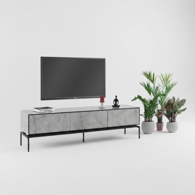 Mobile porta TV moderno in legno grigio per soggiorno con tavolo.