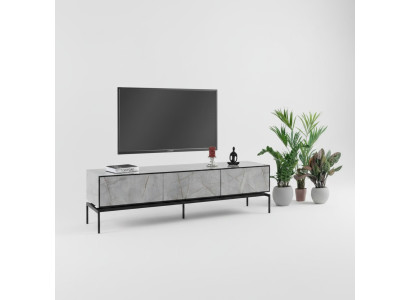 Mobile porta TV moderno in legno grigio per soggiorno con tavolo.