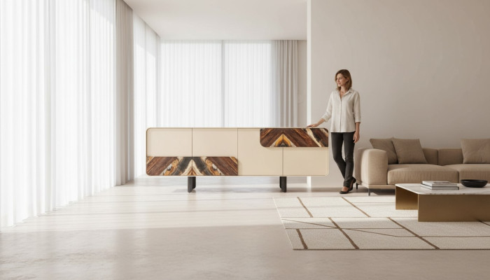 Mobile credenza beige in legno moderno design.