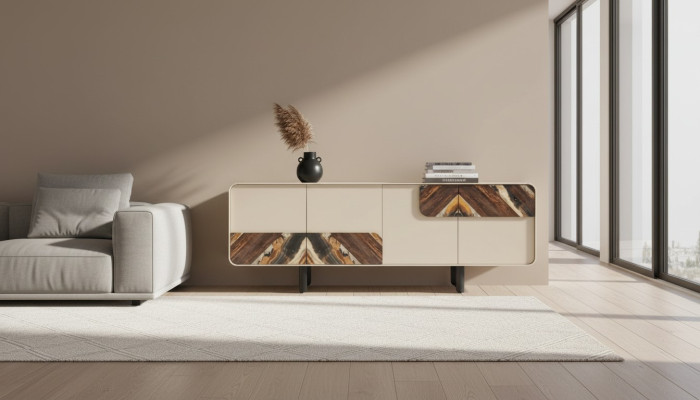 Mobile credenza beige in legno moderno design.