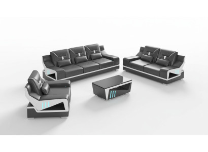 Set di divani di lusso, completo di divano nero in similpelle 3-2-1.