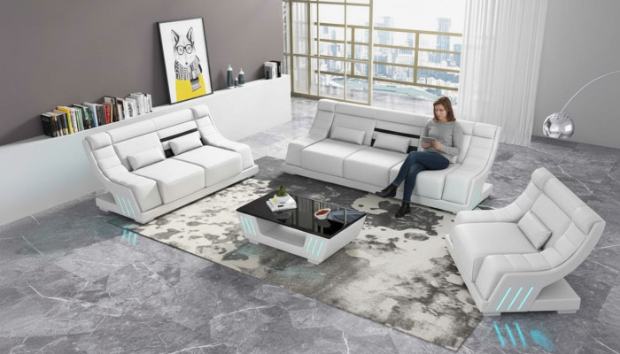 Sofà set di lusso completo bianco in ecopelle divano 3-2-1