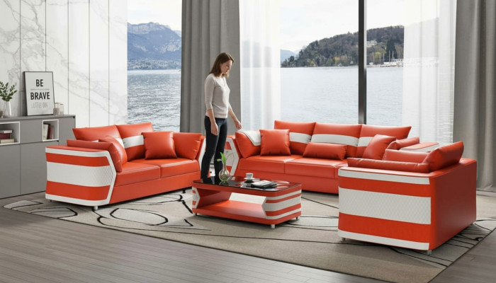 Set completo divano in pelle rosso, divano in pelle, divano in pelle, divano, completo set di 3 pz.