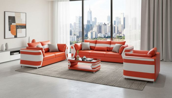 Set completo divano in pelle rosso, divano in pelle, divano in pelle, divano, completo set di 3 pz.