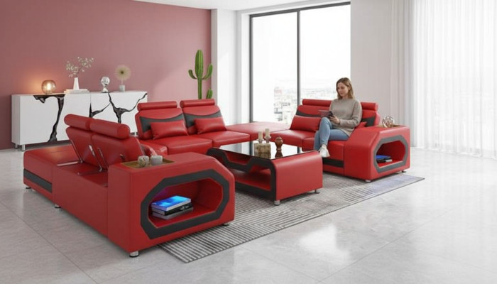 Design divano ad angolo U grande divano XXL in pelle rossa con LED.