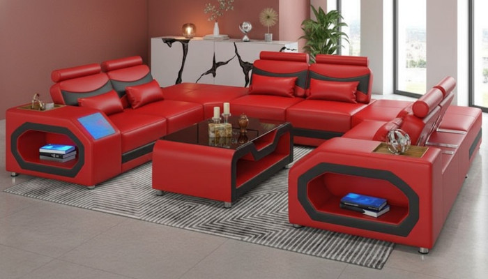 Design divano ad angolo U grande divano XXL in pelle rossa con LED.